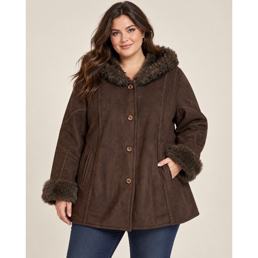 Penny Lane Chocolate Brown Boho Faux Suede Jacket Plush FurTrim Winter Coat Plus